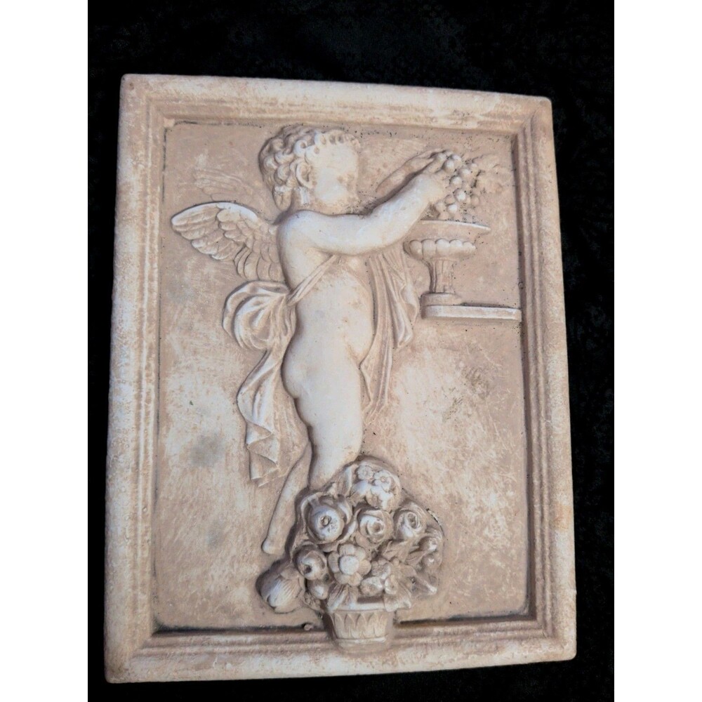 Angel-Eros with Flowers Sculpture plaque Grapes Flowers 5.5 X 7 Inches